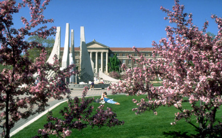 Hovde Hall of Administration with the Water Sculpture in the foreground. (News Service Photo/David Umberger)